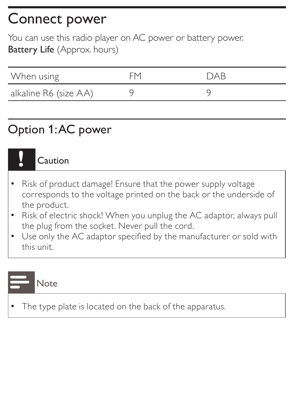 Connect power, Option 1: ac power | Philips AE4800 User Manual | Page 10 / 21