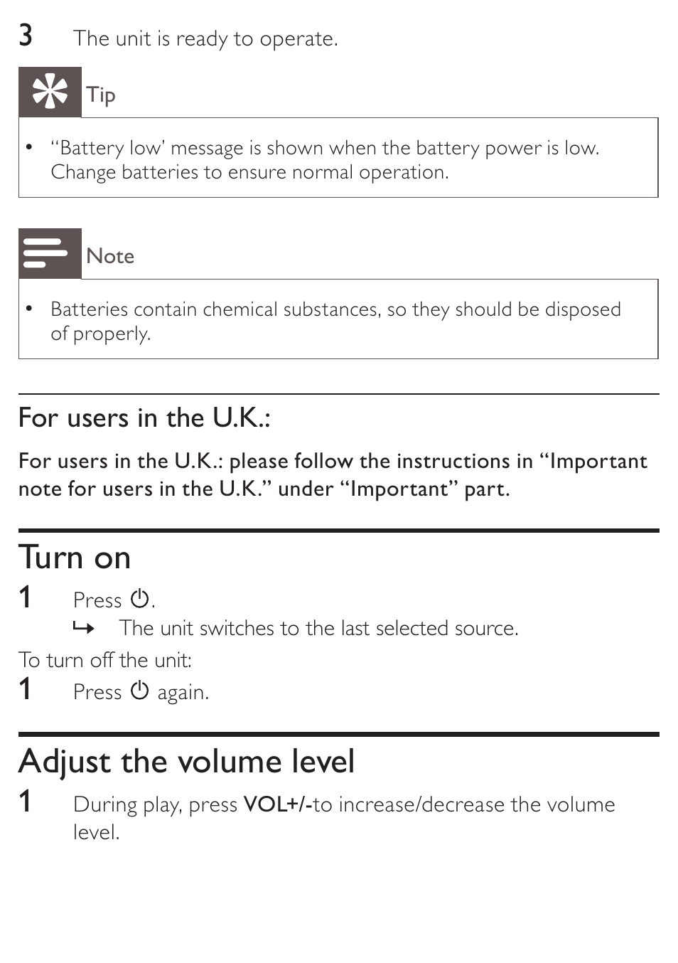 Turn on, Adjust the volume level, For users in the u.k | Philips AE4800 User Manual | Page 12 / 21