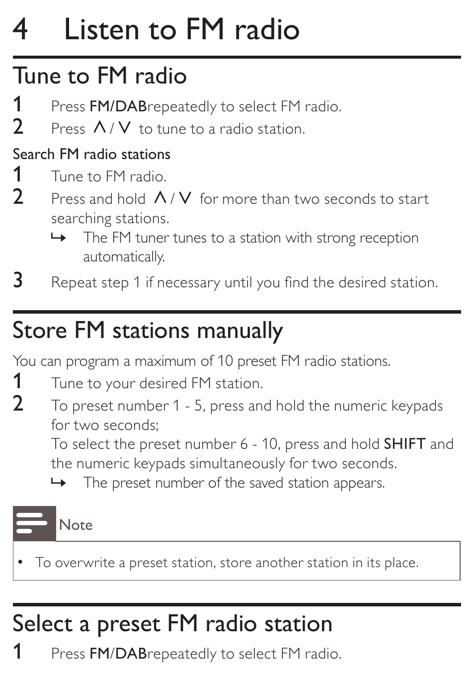 4 listen to fm radio, Tune to fm radio, Store fm stations manually | Select a preset fm radio station | Philips AE4800 User Manual | Page 13 / 21