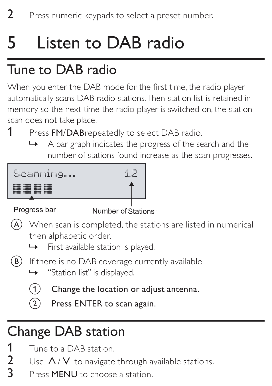 5 listen to dab radio, Tune to dab radio, Change dab station | Philips AE4800 User Manual | Page 14 / 21