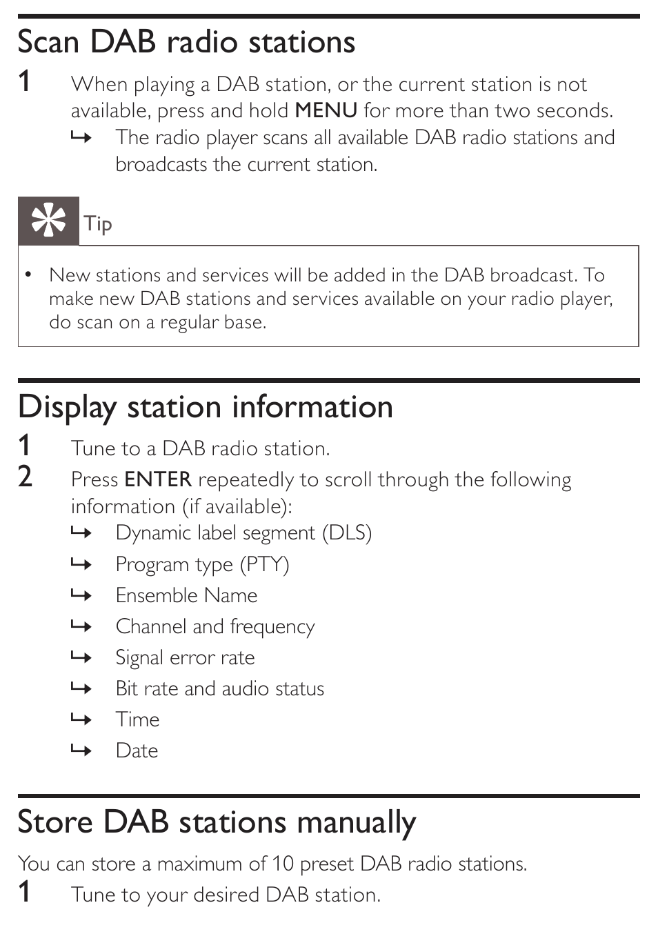 Scan dab radio stations, Display station information, Store dab stations manually | Philips AE4800 User Manual | Page 15 / 21