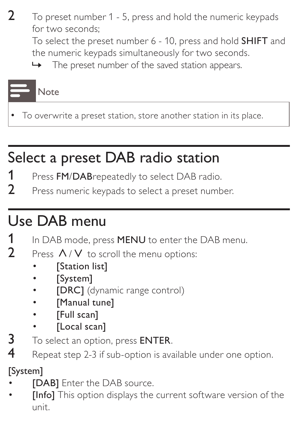 Select a preset dab radio station, Use dab menu | Philips AE4800 User Manual | Page 16 / 21