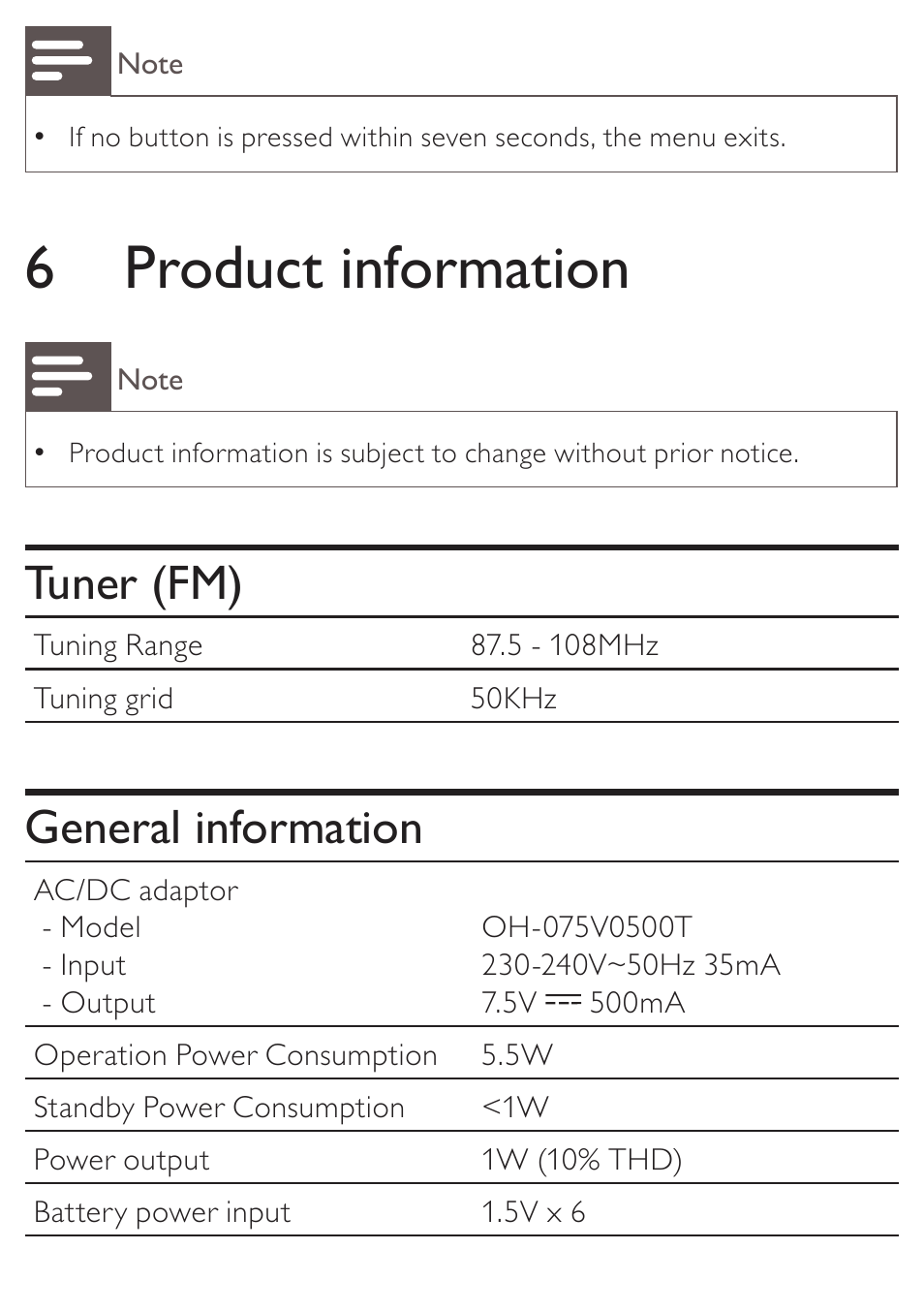 6 product information, Tuner (fm), General information | Philips AE4800 User Manual | Page 18 / 21