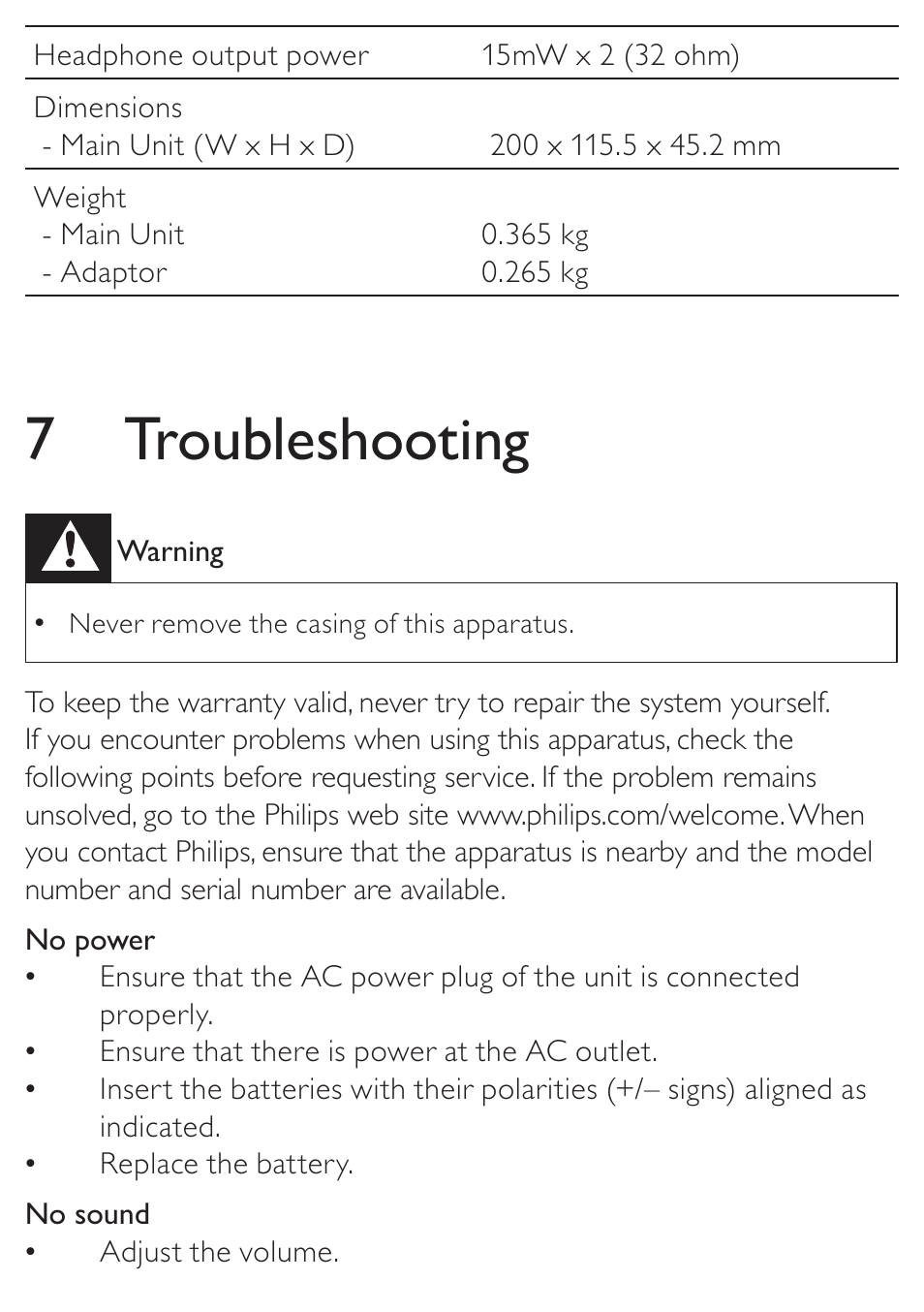 7 troubleshooting | Philips AE4800 User Manual | Page 19 / 21