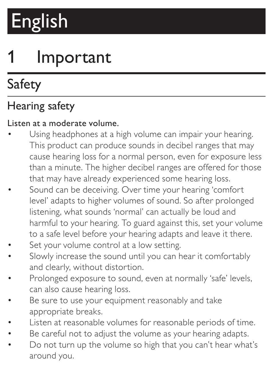 1 important, Safety, English | Hearing safety | Philips AE4800 User Manual | Page 2 / 21