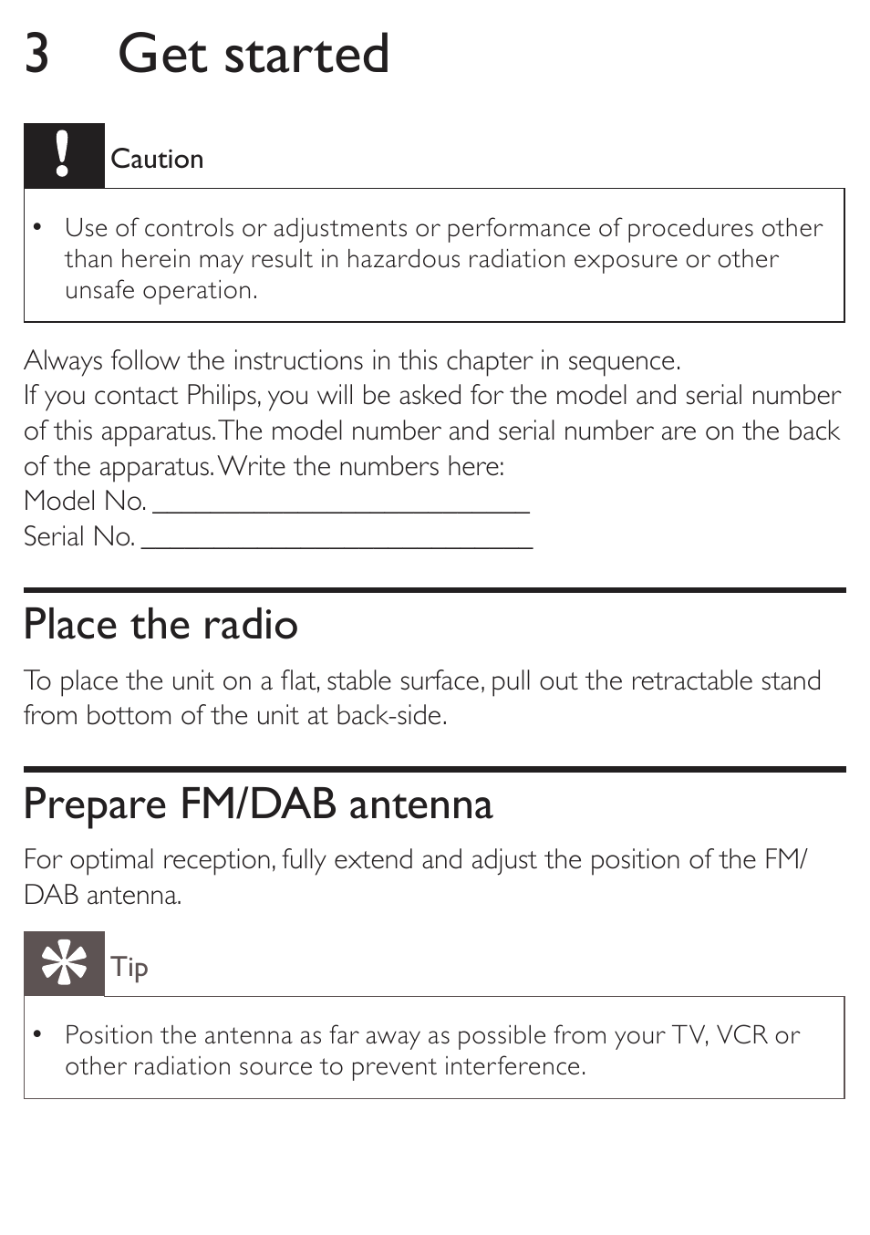 3 get started, Place the radio, Prepare fm/dab antenna | Philips AE4800 User Manual | Page 9 / 21