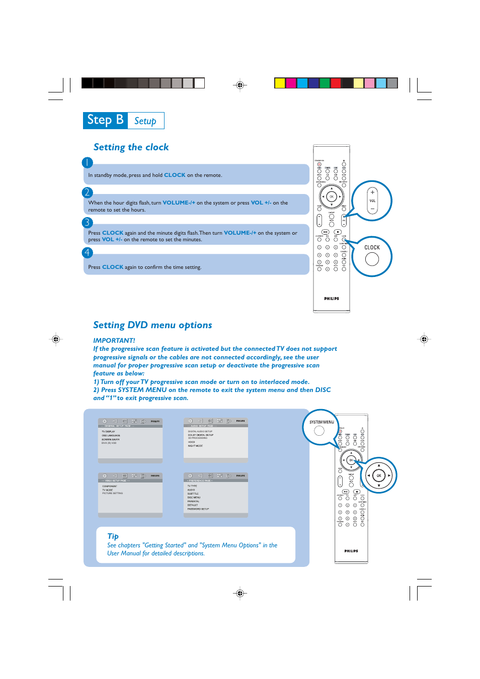 Setting the clock 1 2 3 4, Setting dvd menu options | Philips MCD716 User Manual | Page 3 / 4