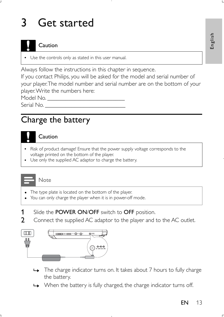 3 get started, Charge the battery | Philips PET941D User Manual | Page 12 / 20