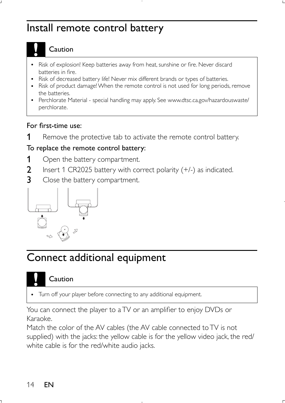 Install remote control battery, Connect additional equipment | Philips PET941D User Manual | Page 13 / 20