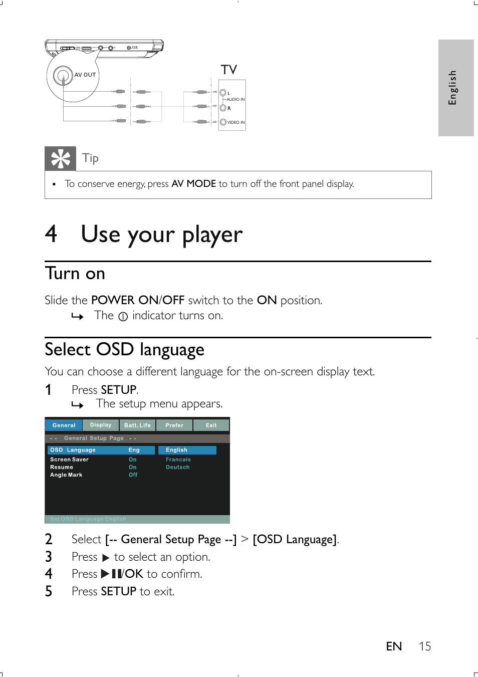 4 use your player, Turn on, Select osd language | Philips PET941D User Manual | Page 14 / 20