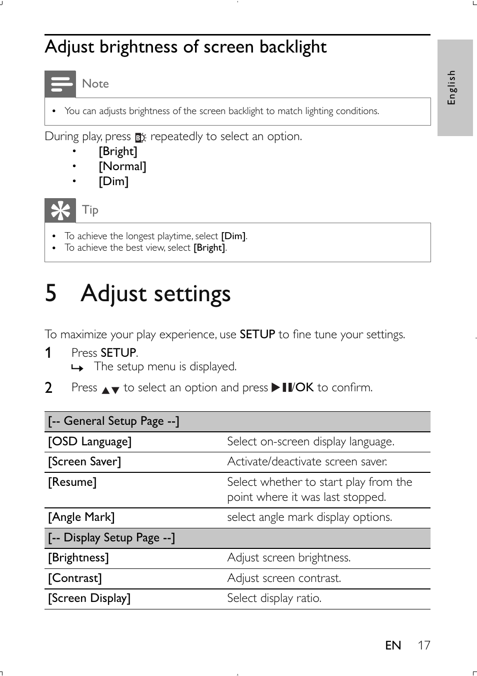5 adjust settings, Adjust brightness of screen backlight | Philips PET941D User Manual | Page 16 / 20