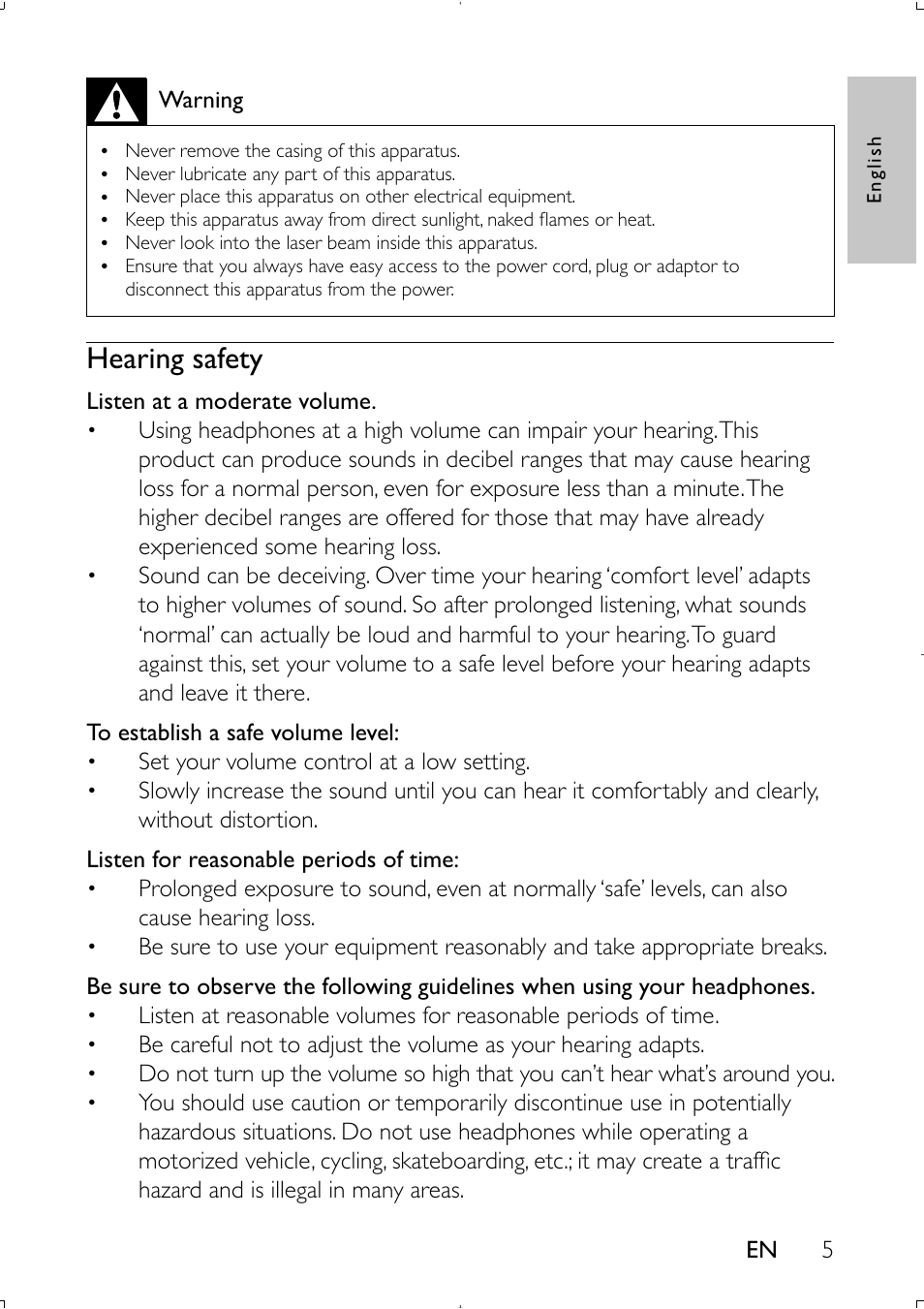 Hearing safety | Philips PET941D User Manual | Page 4 / 20