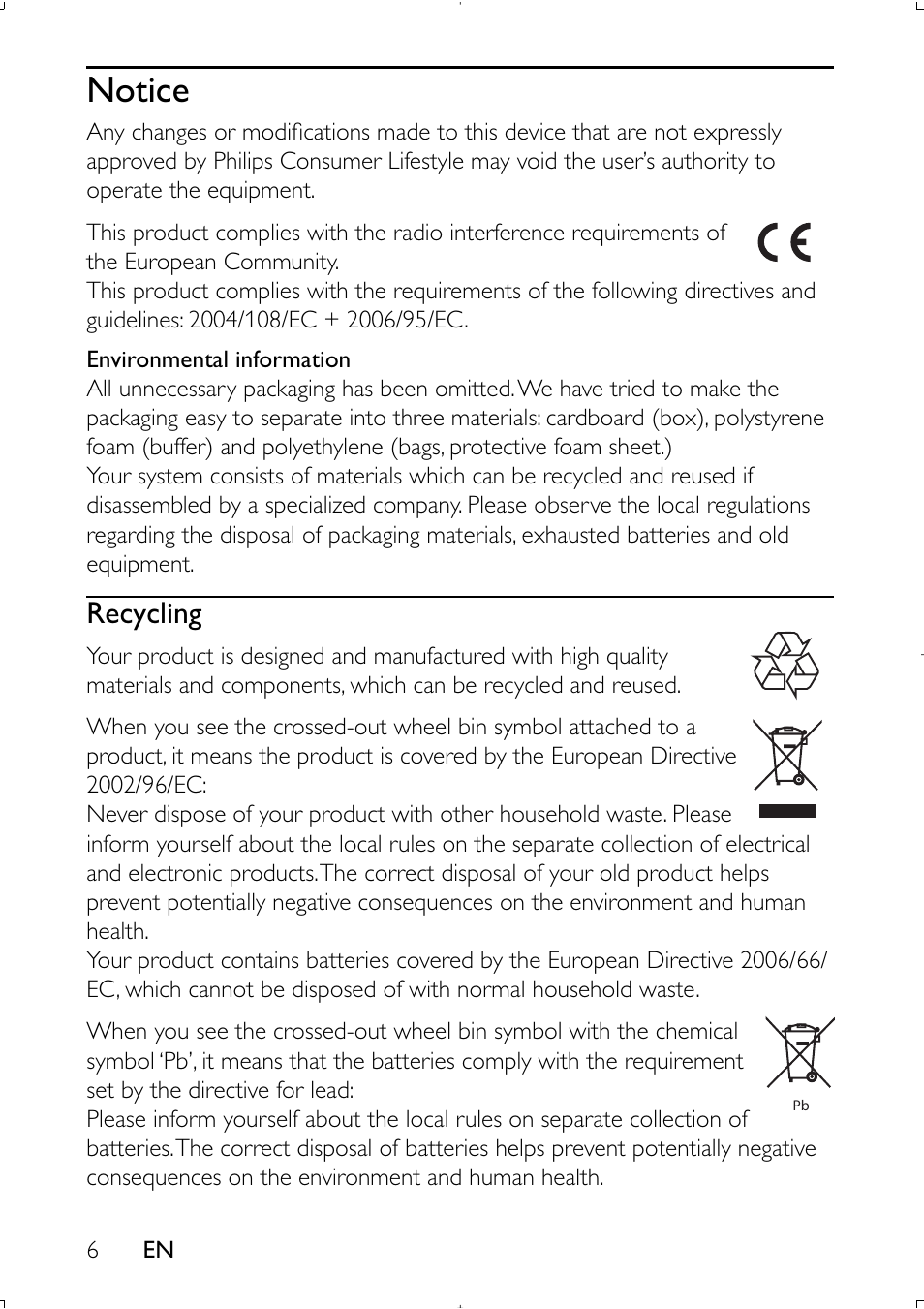 Notice, Recycling | Philips PET941D User Manual | Page 5 / 20