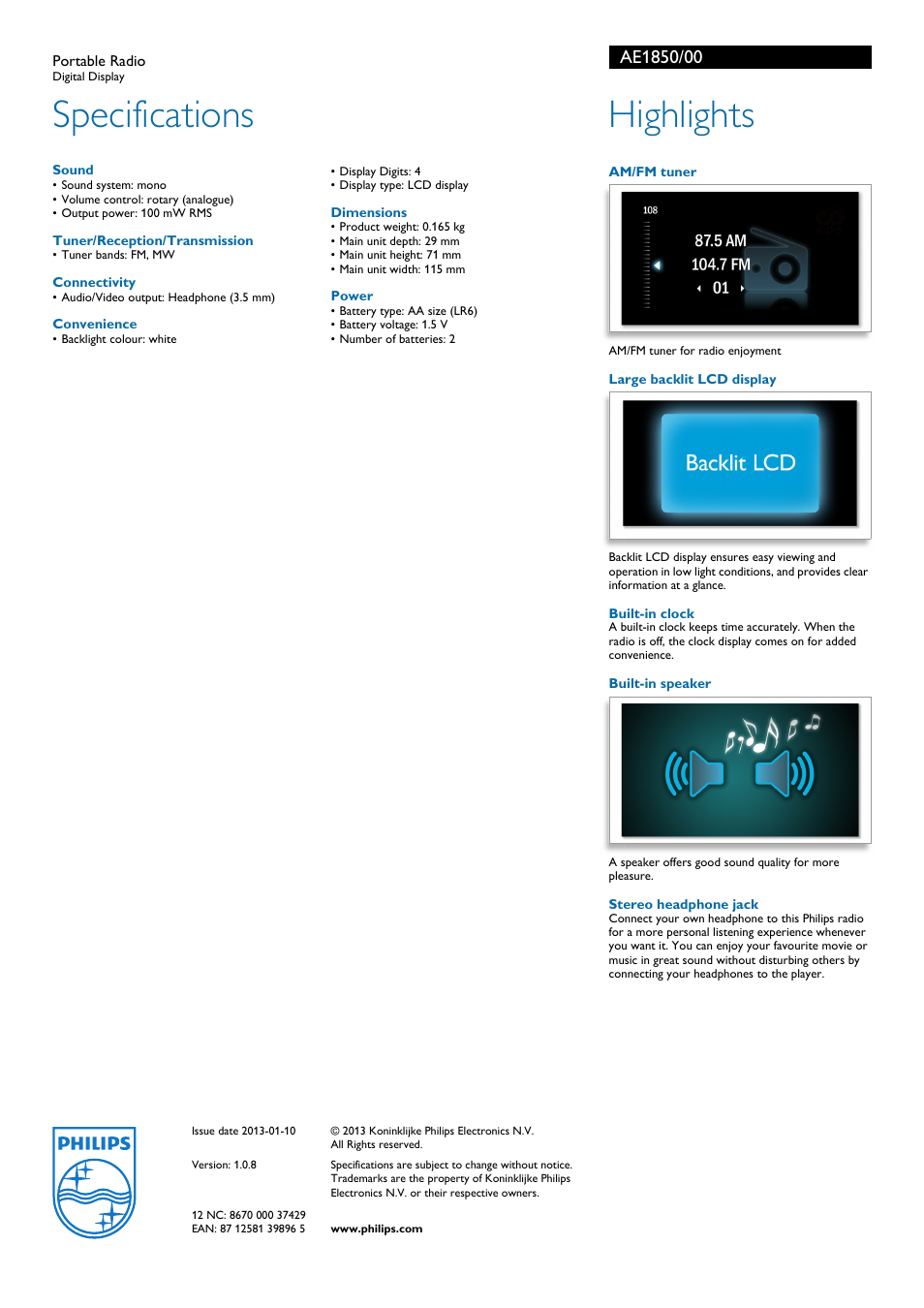 Specifications, Highlights | Philips AE1850/00 User Manual | Page 2 / 2