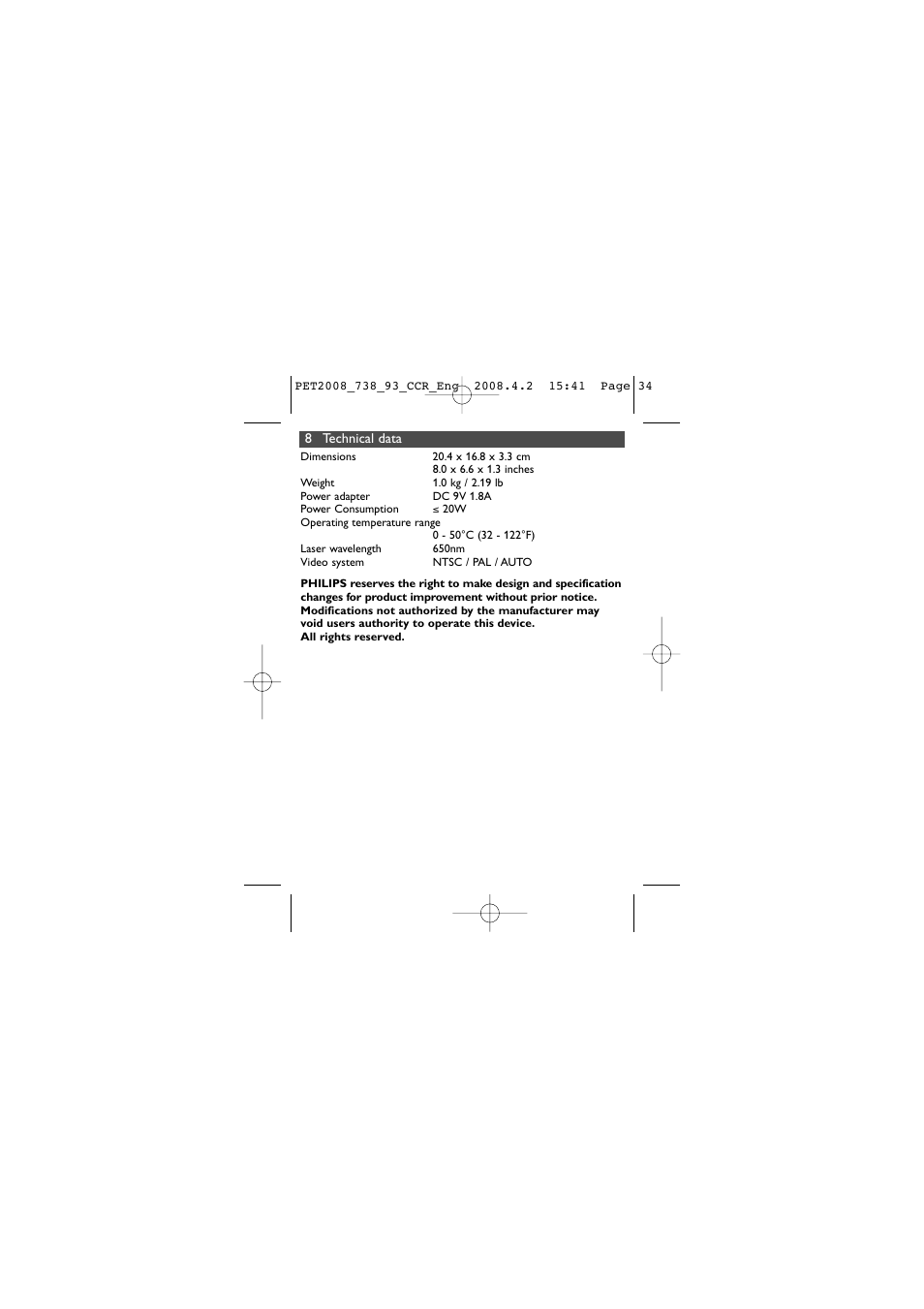 Philips PET2008 User Manual | Page 33 / 37