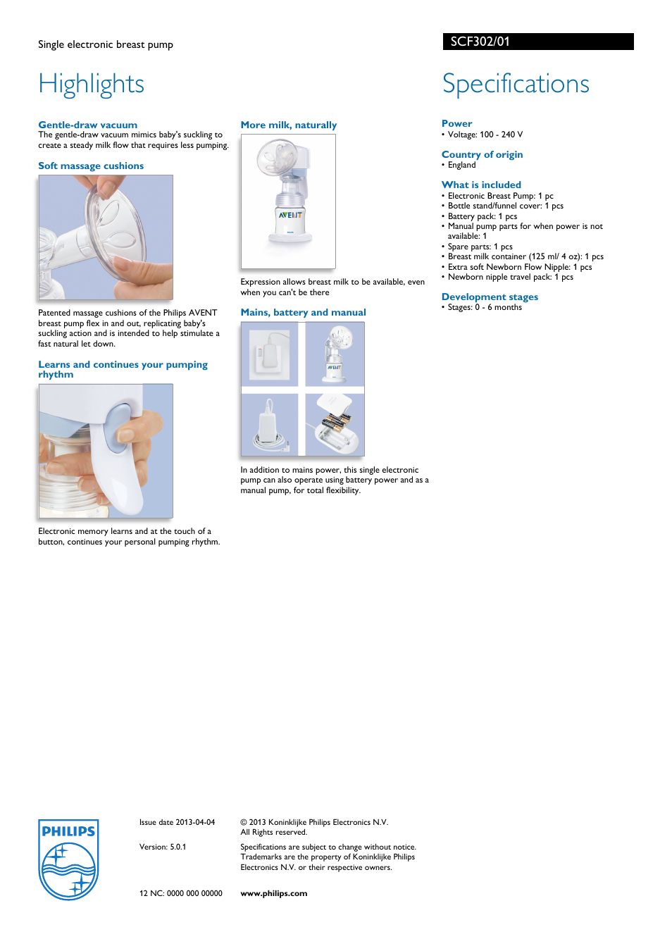 Highlights, Specifications | Philips SCF302/01 User Manual | Page 2 / 2