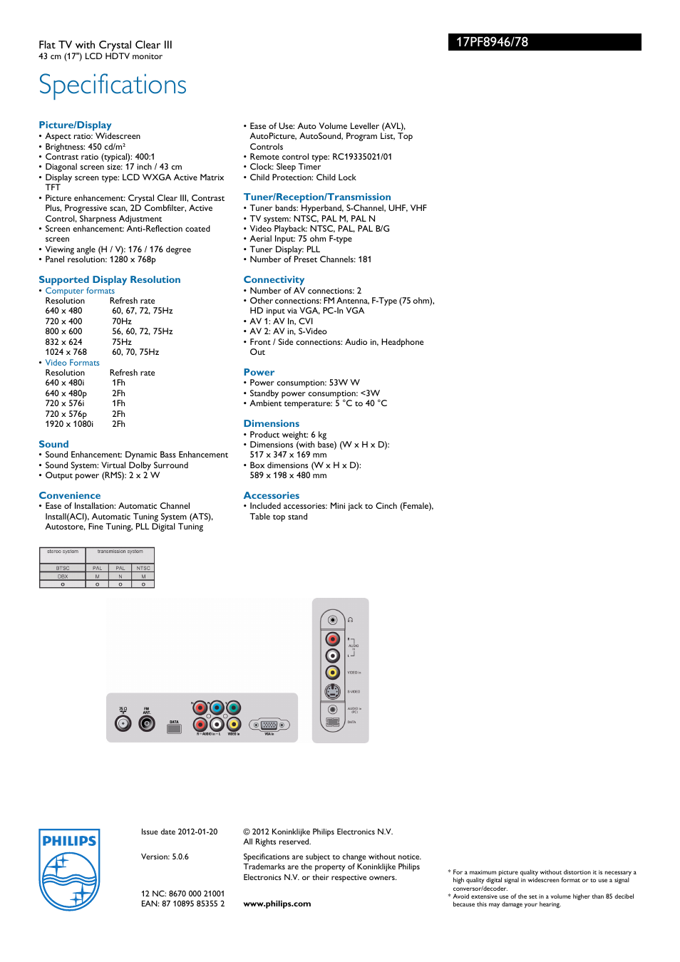 Specifications | Philips 17PF8946 User Manual | Page 3 / 3