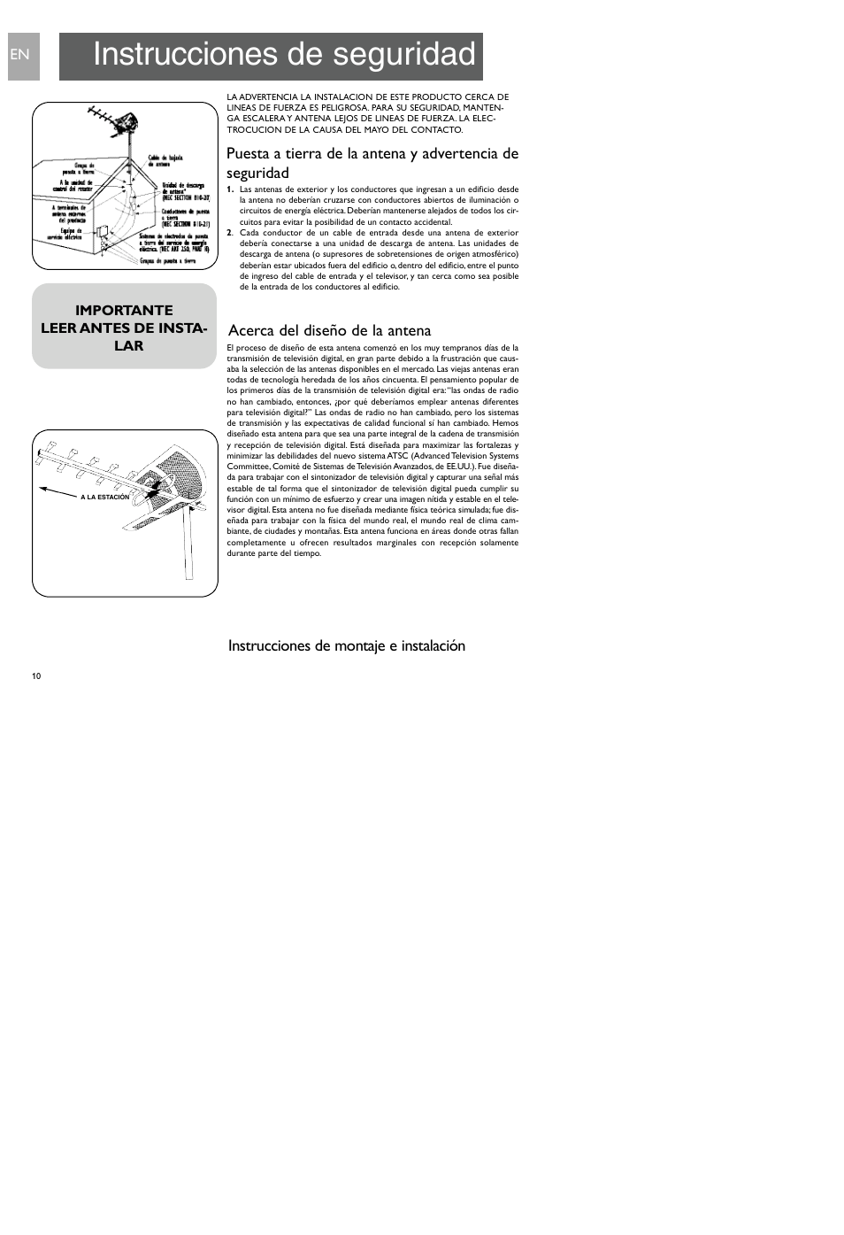 Acerca del diseño de la antena, Instrucciones de montaje e instalación | Philips SDV9201/17 User Manual | Page 10 / 16