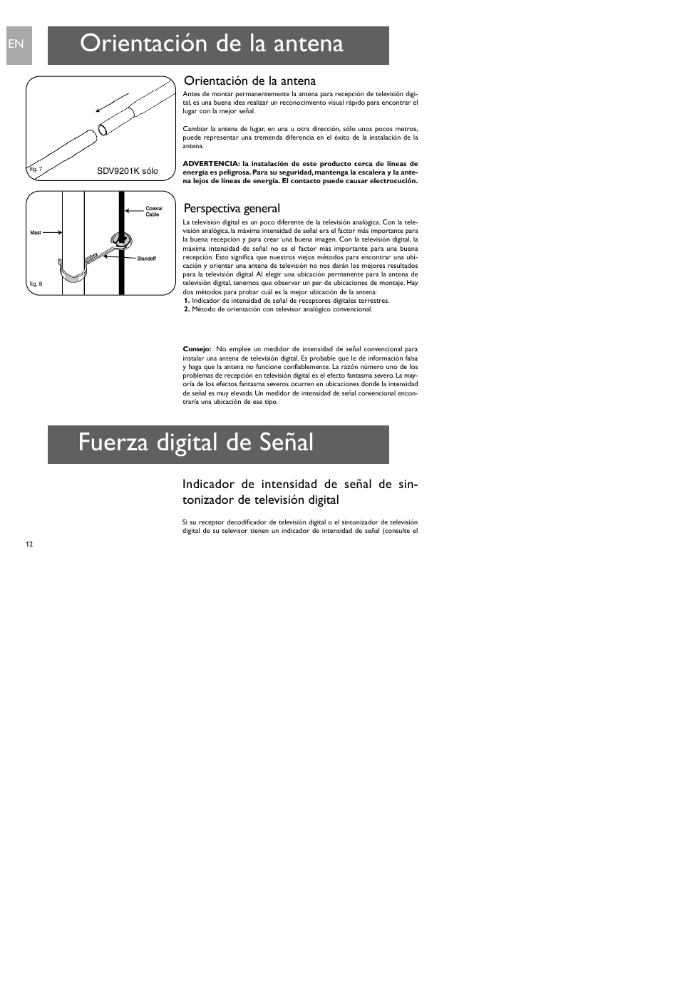 Orientación de la antena, Fuerza digital de señal | Philips SDV9201/17 User Manual | Page 12 / 16