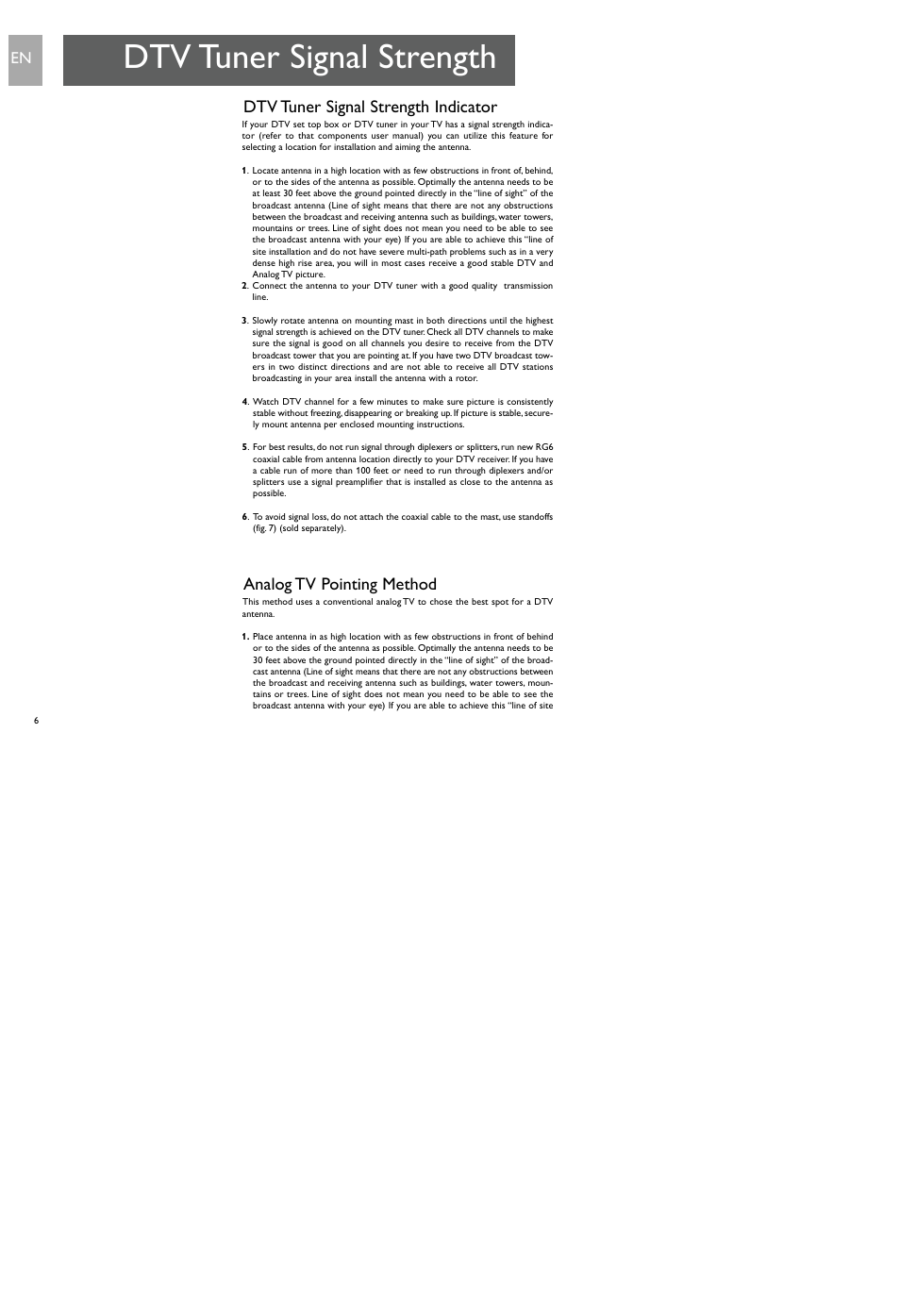 Dtv tuner signal strength, Dtv tuner signal strength indicator, Analog tv pointing method | Philips SDV9201/17 User Manual | Page 6 / 16