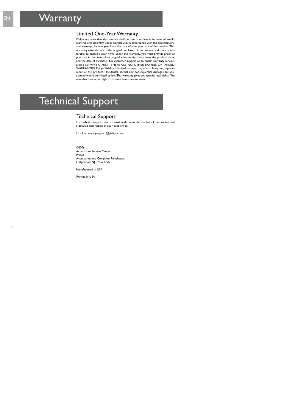 Warranty, Technical support | Philips SDV9201/17 User Manual | Page 8 / 16