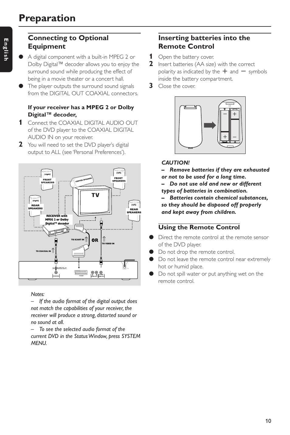 Preparation, Connecting to optional equipment, Inserting batteries into the remote control 1 | Using the remote control, 10 english, Open the battery cover, Close the cover | Philips DVD 620 User Manual | Page 10 / 24