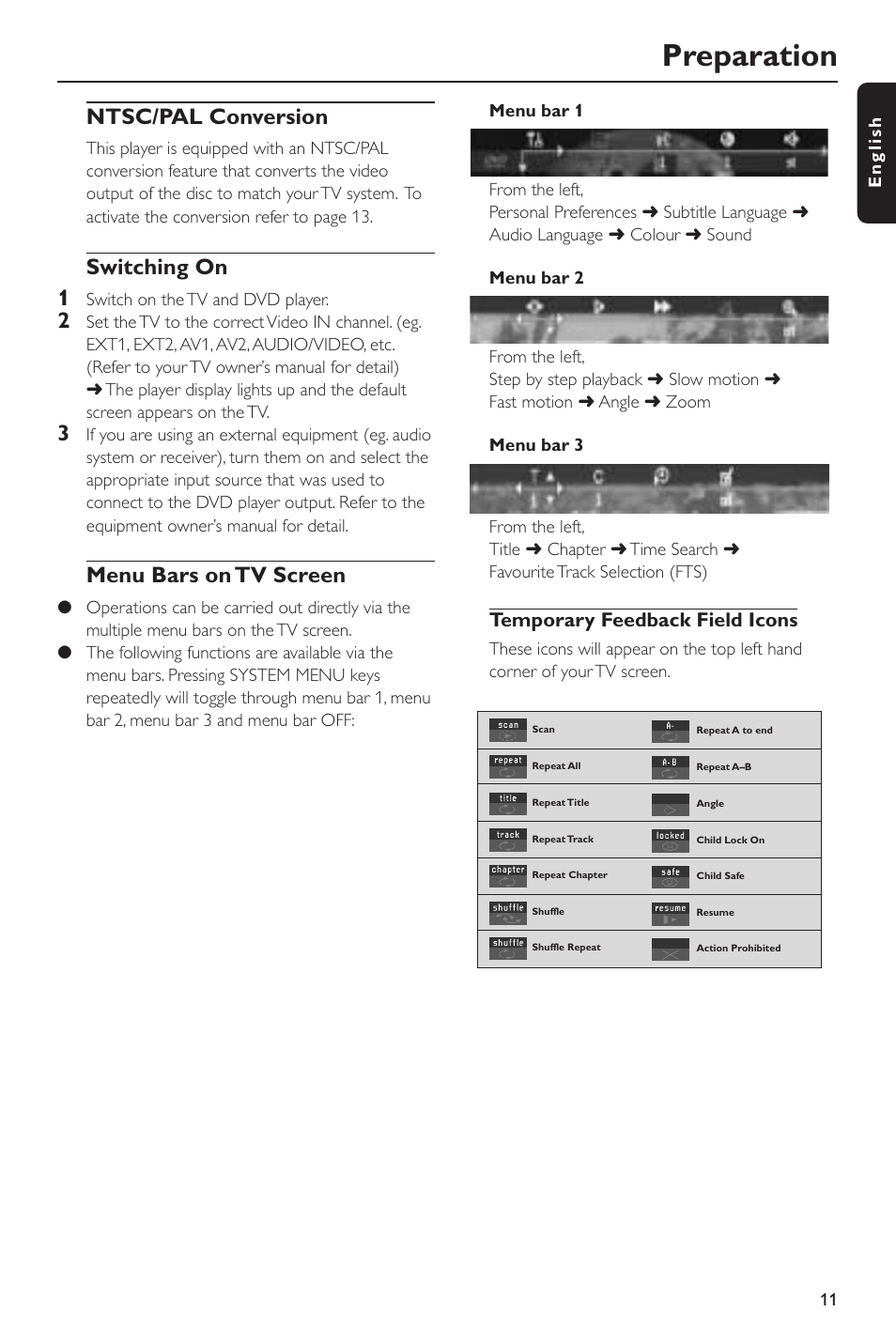 Preparation, Ntsc/pal conversion, Switching on 1 | Menu bars on tv screen, Temporary feedback field icons | Philips DVD 620 User Manual | Page 11 / 24