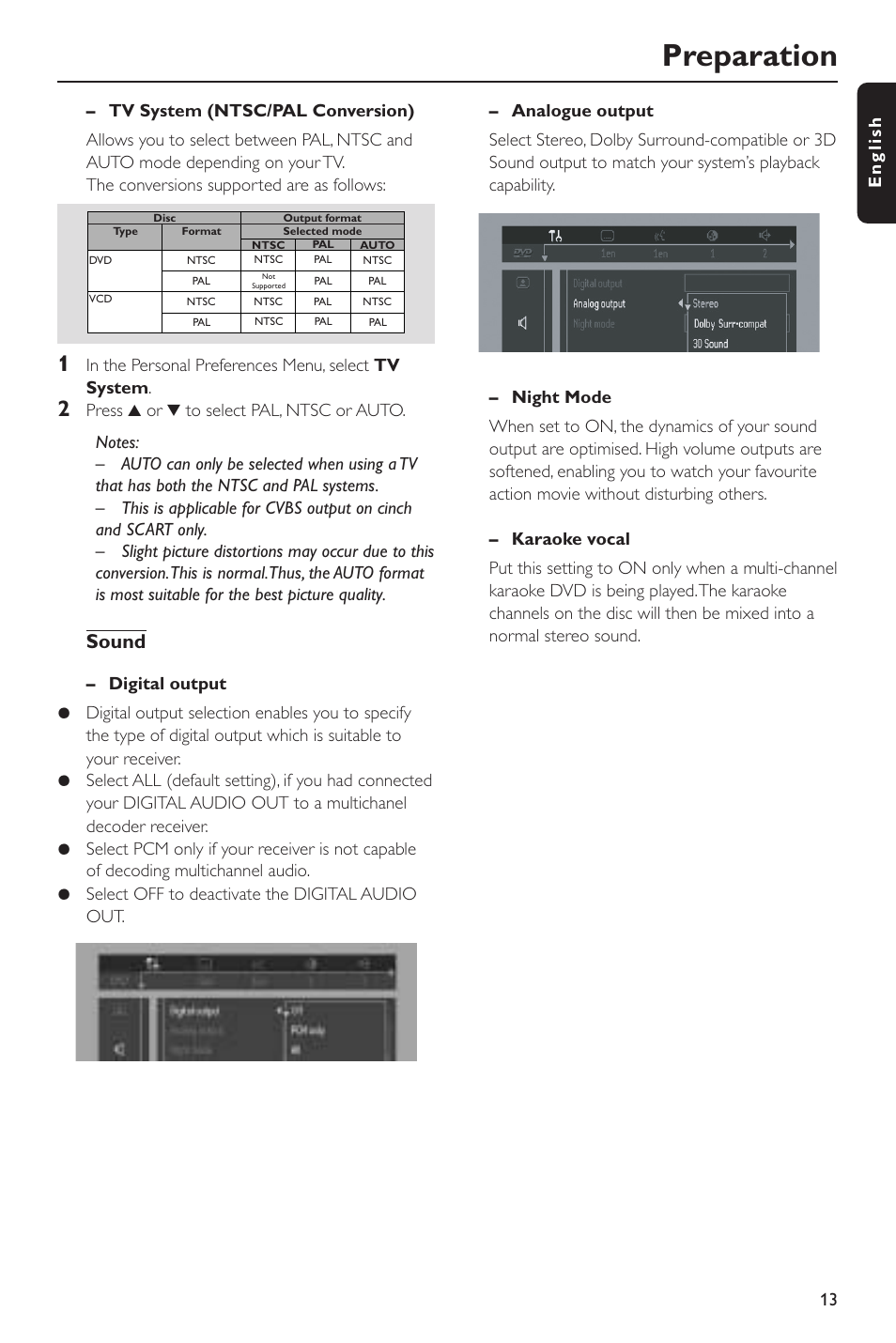 Preparation, Sound | Philips DVD 620 User Manual | Page 13 / 24