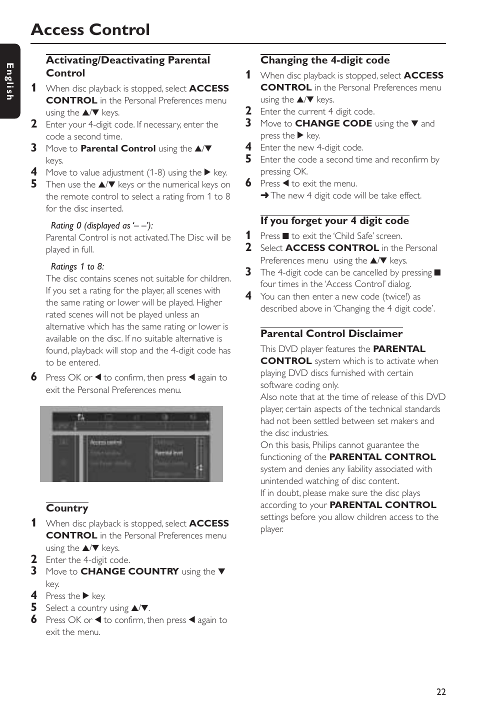 Access control | Philips DVD 620 User Manual | Page 22 / 24