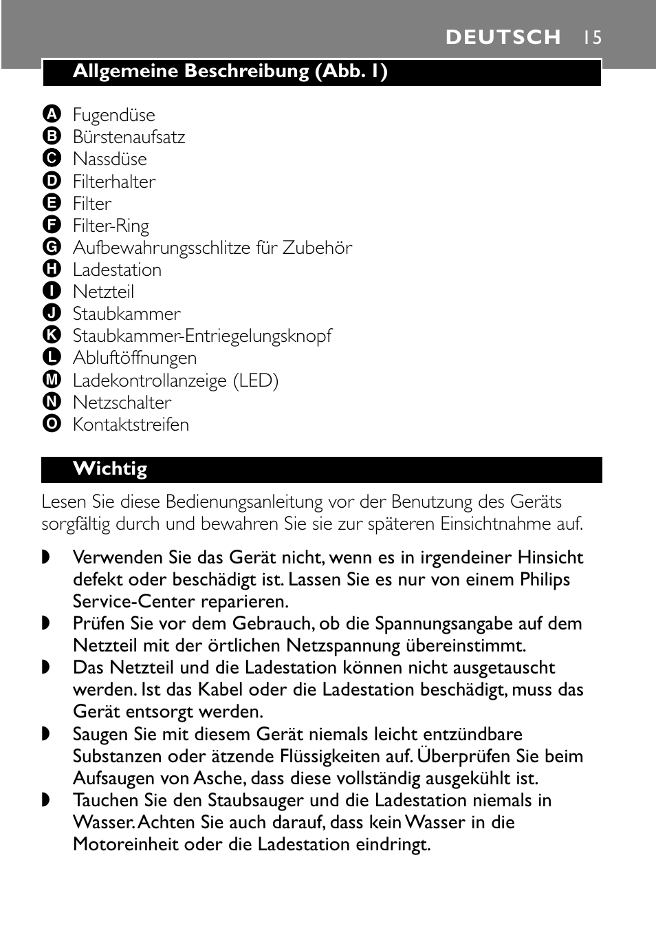 Deutsch 15 | Philips FC6055 User Manual | Page 15 / 124