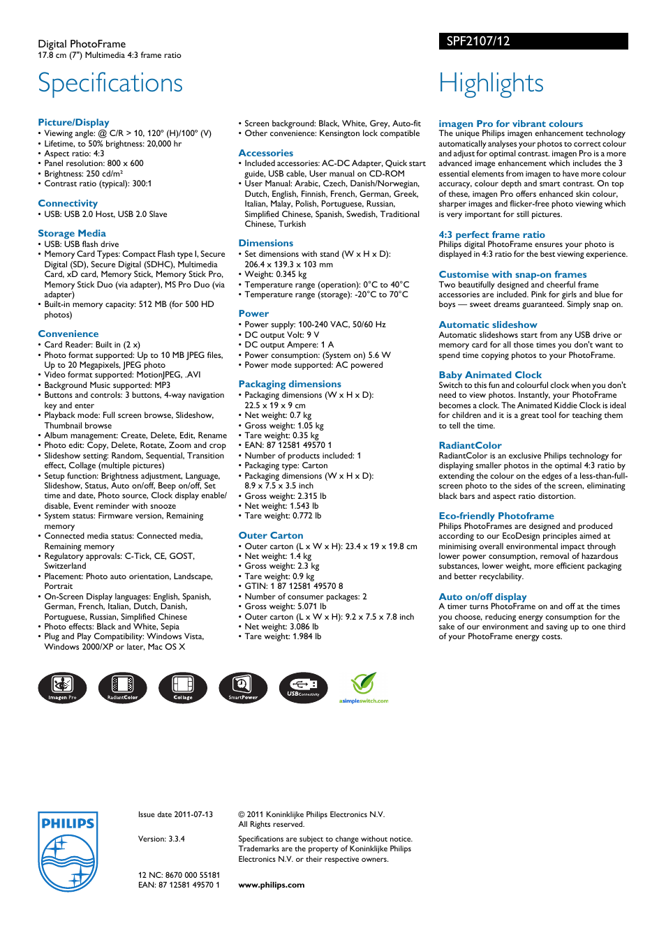 Specifications, Highlights | Philips SPF2107/12 User Manual | Page 2 / 2