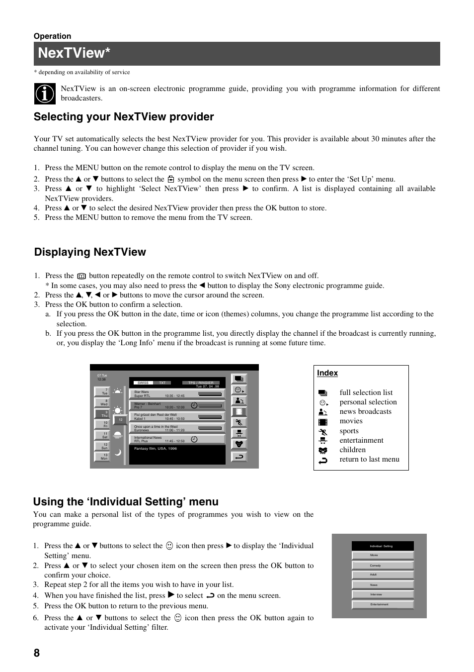 Nextview, Selecting your nextview provider, Displaying nextview | Using the ‘individual setting’ menu | Sony KV-34FQ75K User Manual | Page 12 / 160