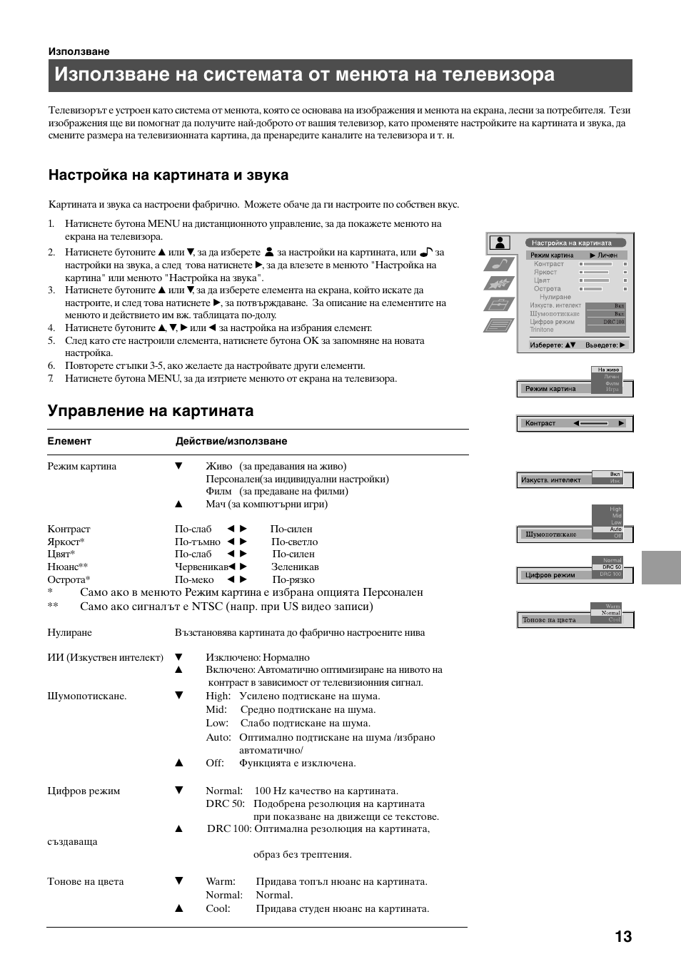 Използване на системата от менюта на телевизора, Управление на картината, Настройка на картината и звука | Sony KV-34FQ75K User Manual | Page 121 / 160