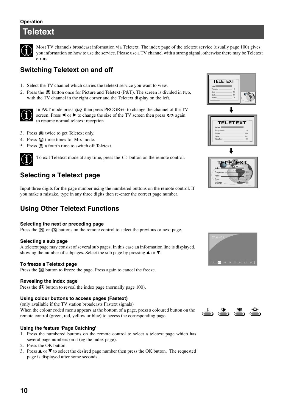 Teletext, Switching teletext on and off, Selecting a teletext page | Using other teletext functions | Sony KV-34FQ75K User Manual | Page 14 / 160