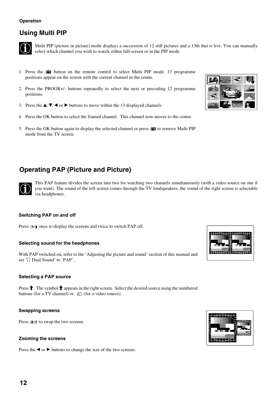 Using multi pip, Operating pap (picture and picture) | Sony KV-34FQ75K User Manual | Page 16 / 160