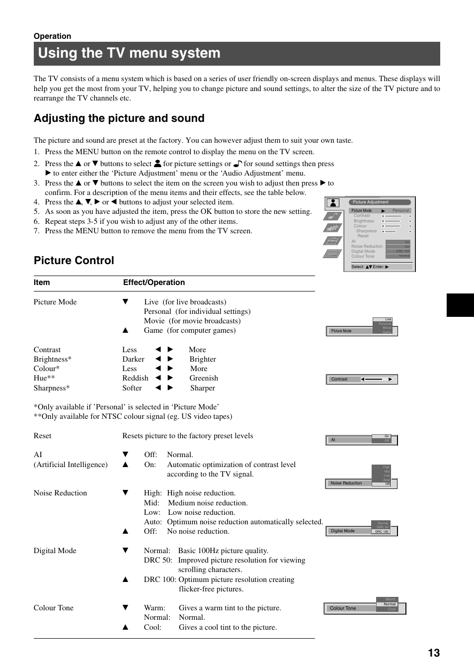 Using the tv menu system, Adjusting the picture and sound, Picture control | Sony KV-34FQ75K User Manual | Page 17 / 160