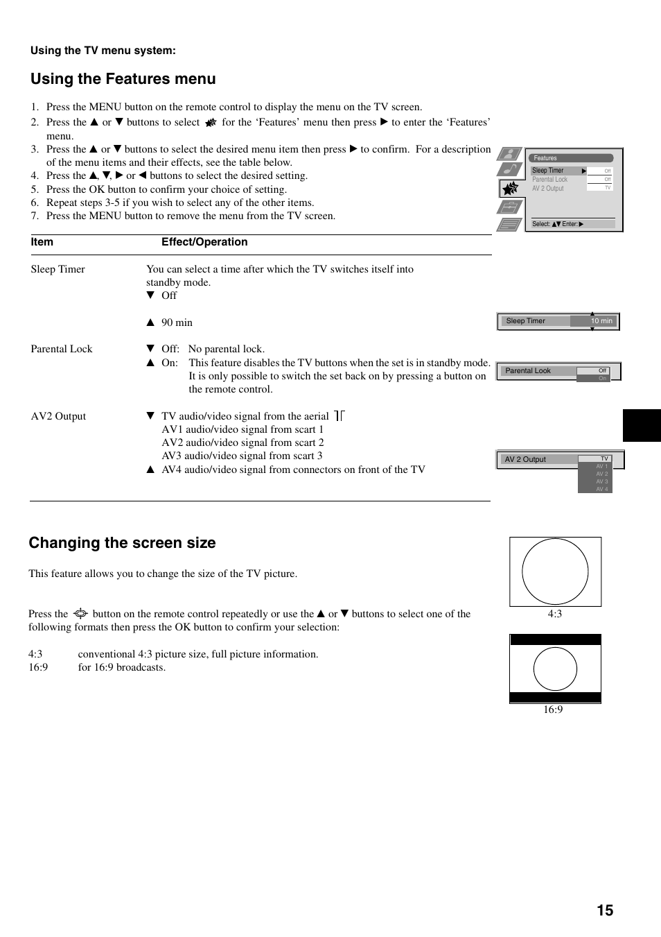 Using the features menu, Changing the screen size | Sony KV-34FQ75K User Manual | Page 19 / 160