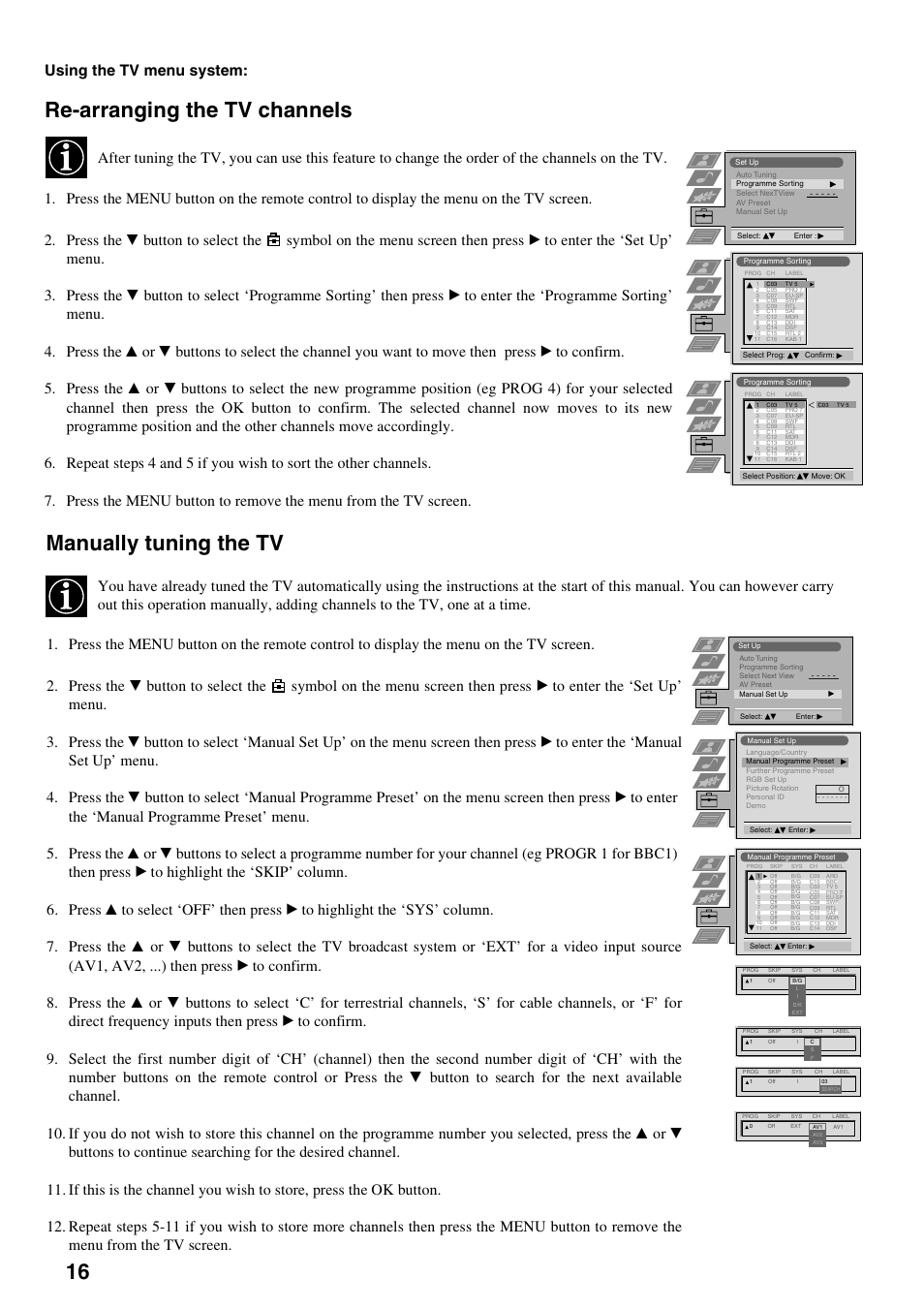 Re-arranging the tv channels, Manually tuning the tv, Using the tv menu system | Sony KV-34FQ75K User Manual | Page 20 / 160