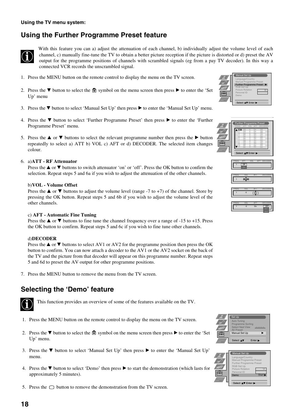 Using the further programme preset feature, Selecting the ‘demo’ feature, Using the tv menu system | Sony KV-34FQ75K User Manual | Page 22 / 160