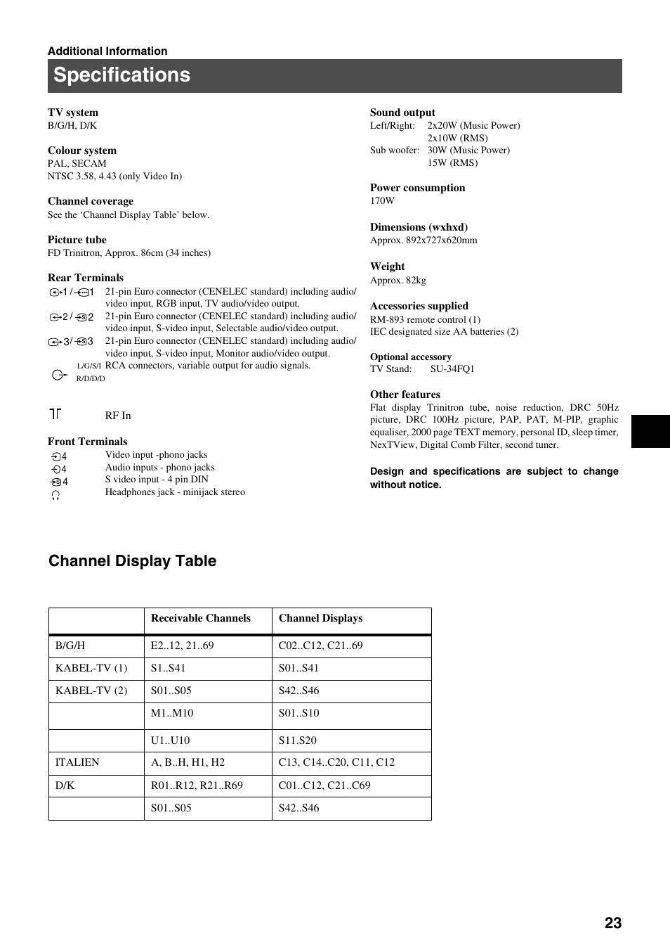 Specifications, Channel display table | Sony KV-34FQ75K User Manual | Page 27 / 160