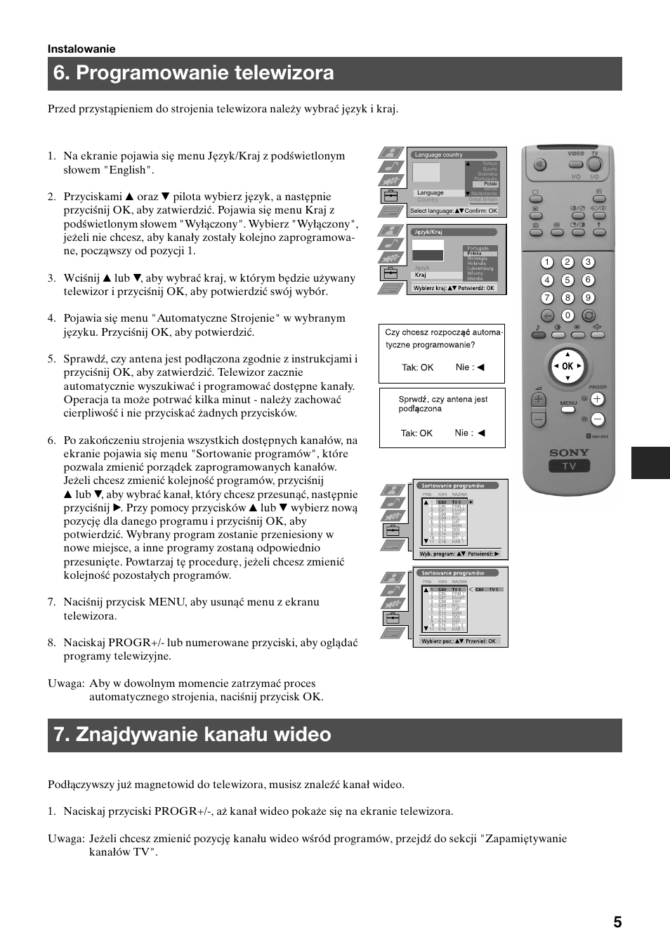 Programowanie telewizora, Znajdywanie kanału wideo | Sony KV-34FQ75K User Manual | Page 35 / 160