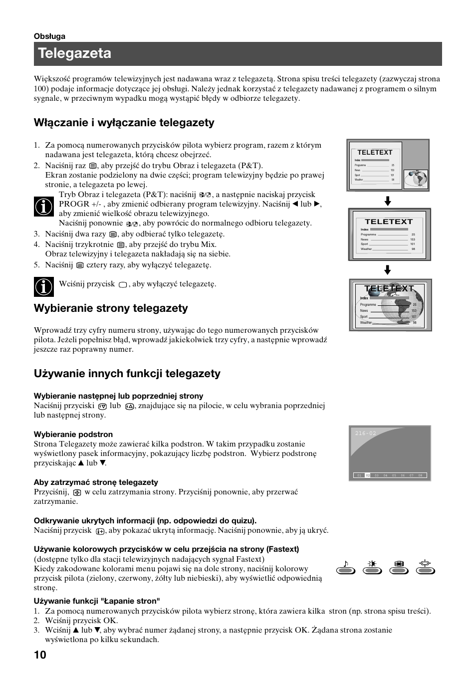 Telegazeta, Włączanie i wyłączanie telegazety, Wybieranie strony telegazety | Używanie innych funkcji telegazety, Teletext | Sony KV-34FQ75K User Manual | Page 40 / 160