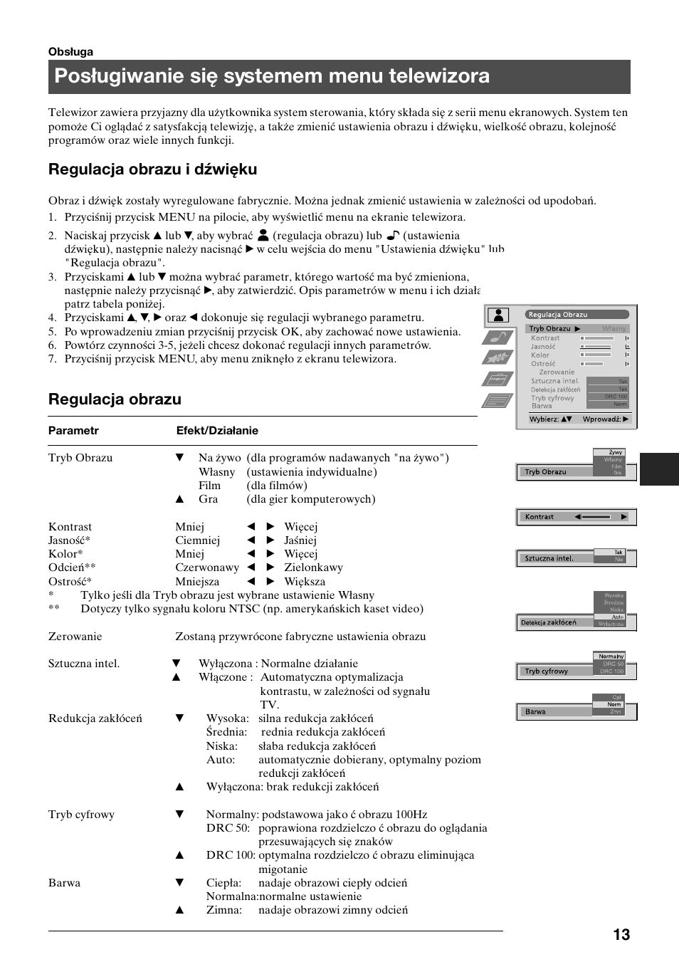 Posługiwanie się systemem menu telewizora, Regulacja obrazu i dźwięku, Regulacja obrazu | Sony KV-34FQ75K User Manual | Page 43 / 160