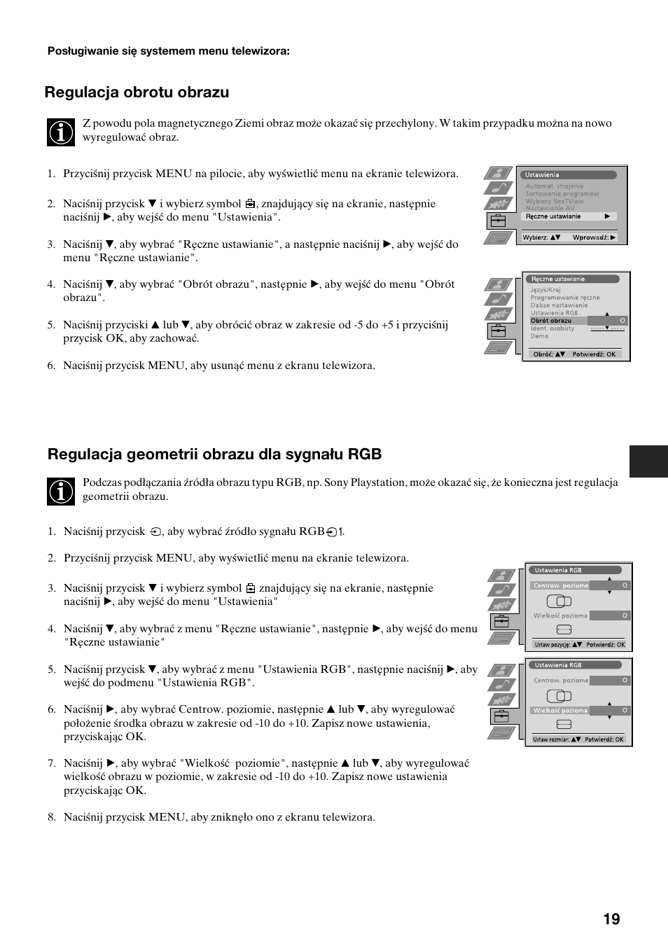 Regulacja geometrii obrazu dla sygnału rgb, Regulacja obrotu obrazu | Sony KV-34FQ75K User Manual | Page 49 / 160