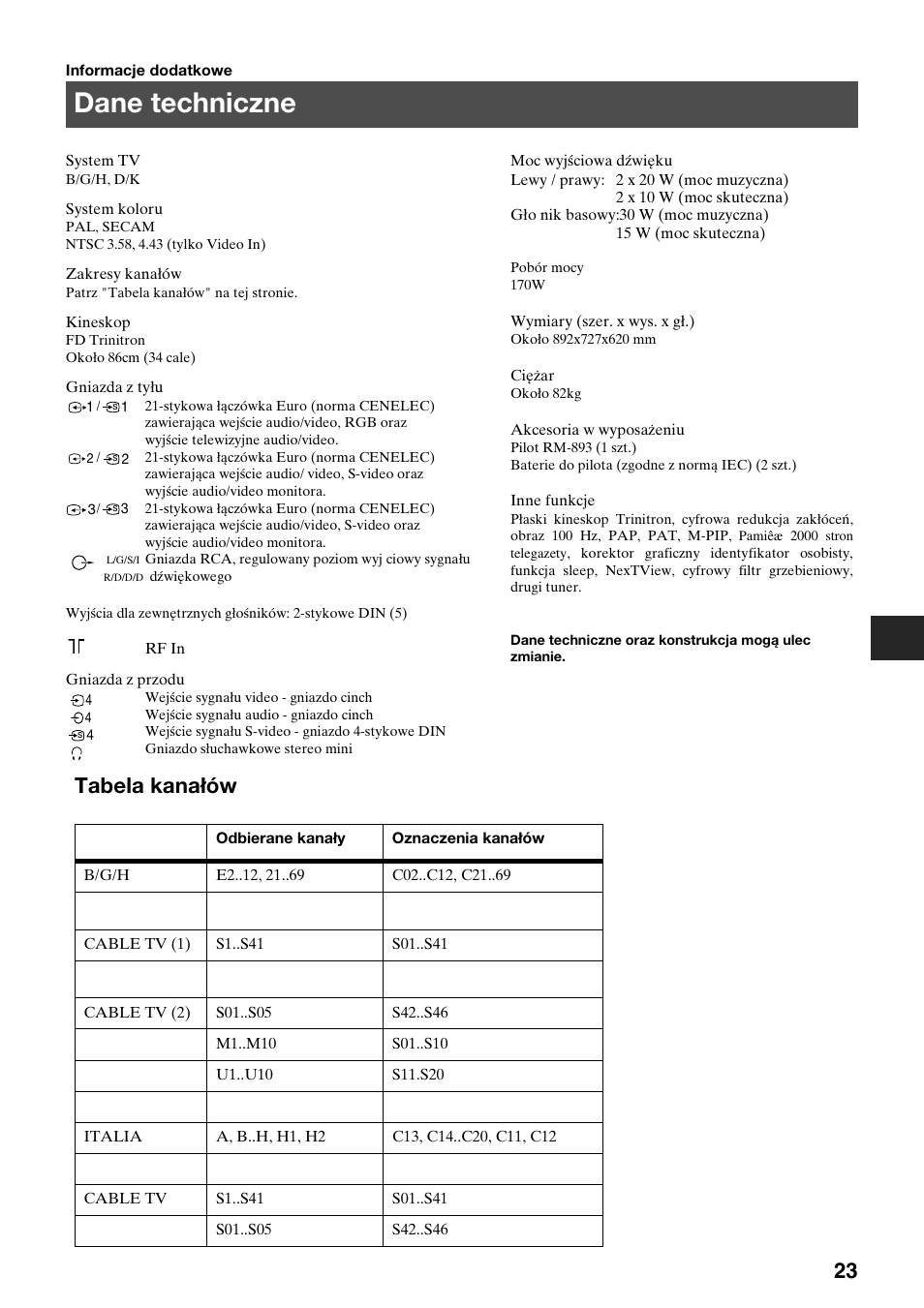 Dane techniczne, Tabela kanałów | Sony KV-34FQ75K User Manual | Page 53 / 160