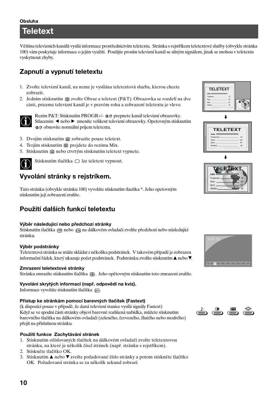 Teletext, Zapnutí a vypnutí teletextu, Vyvolání stránky s rejstríkem | Použití dalších funkcí teletextu | Sony KV-34FQ75K User Manual | Page 66 / 160