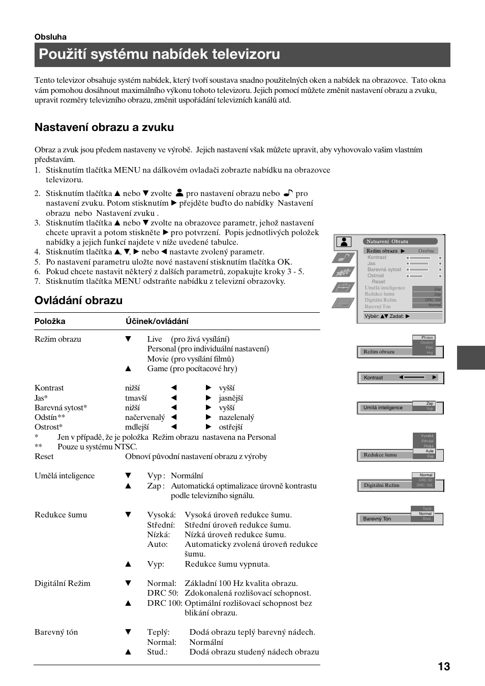 Použití systému nabídek televizoru, Nastavení obrazu a zvuku, Ovládání obrazu | Sony KV-34FQ75K User Manual | Page 69 / 160