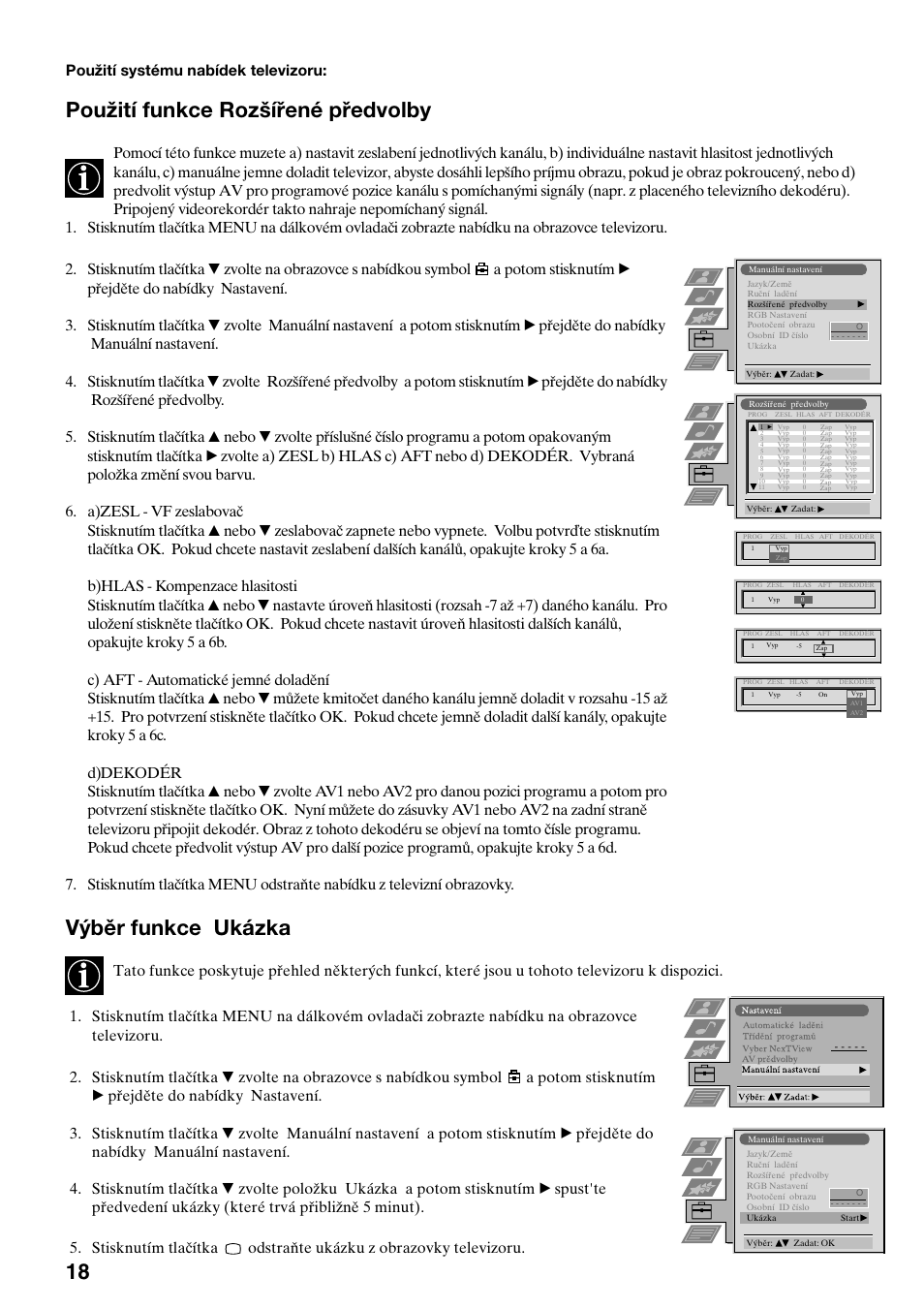 Použití funkce rozšířené předvolby, Výběr funkce ukázka, Použití systému nabídek televizoru | Sony KV-34FQ75K User Manual | Page 74 / 160