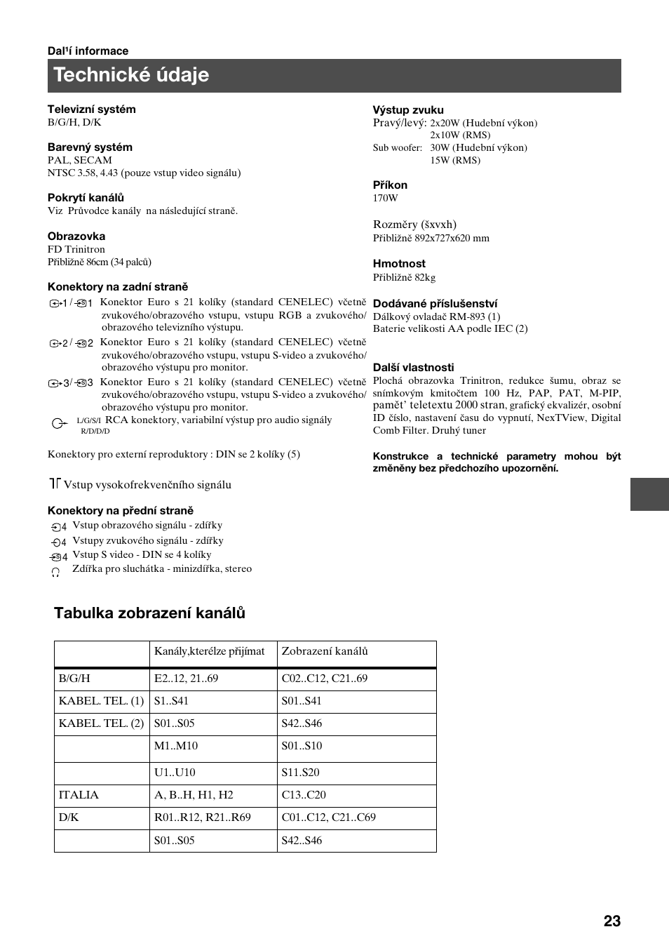 Technické údaje, Tabulka zobrazení kanálů | Sony KV-34FQ75K User Manual | Page 79 / 160