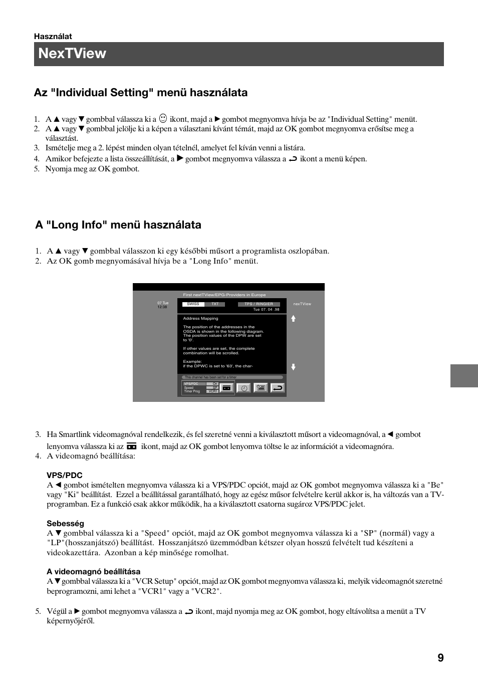 Nextview, 9az "individual setting" menü használata, A "long info" menü használata | Sony KV-34FQ75K User Manual | Page 91 / 160